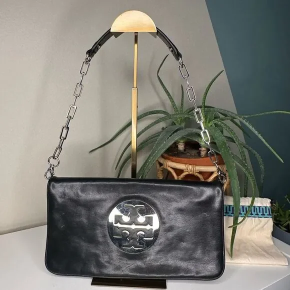 Tory Burch Black Leather Fold-Over Clutch | Removable Chain Strap | Silver Logo - Picture 1 of 12